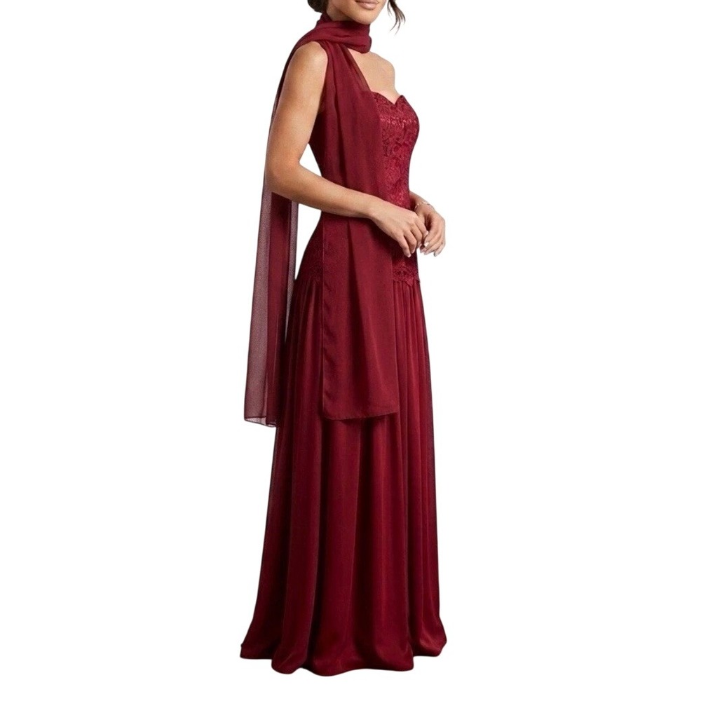 Camila Coelho Burgundy Lace Chiffon Maxi Dress Gown Scarf Dark Red Size M NWOT